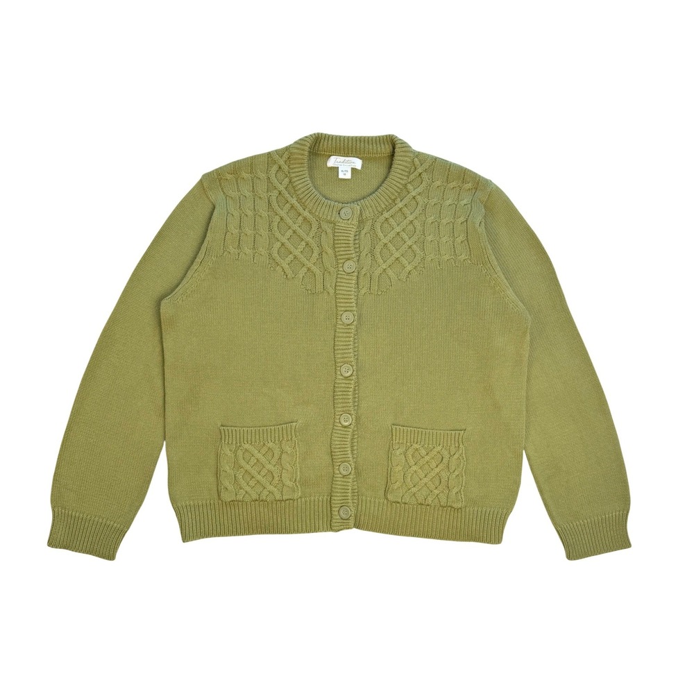 Tradition Cardigan Sweater Cable Knit Yoke Pockets Olive Green Cottagecore XL 18